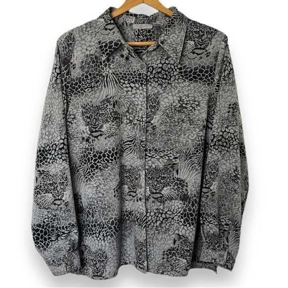 Alfred Dunner Women’s Top Size 16 Leopard Face Jungle Print Button Up - Picture 1 of 13